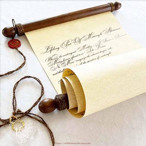 Carta de amor personalizada en pergamino de papel: recuerdo de votos matrimoniales con varillas de madera