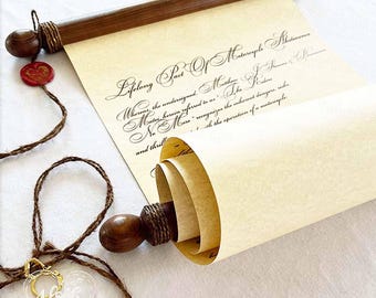 Carta de amor personalizada en pergamino de papel: recuerdo de votos matrimoniales con varillas de madera