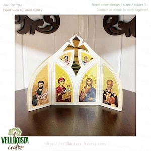 Handmade Byzantine Triptych Icon: Jesus, Mary, St. Nicholas