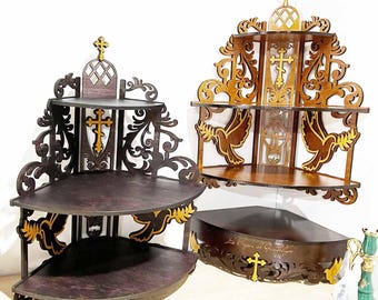 Handmade Wooden Corner Altar Shelf: Christian Orthodox Icon Stand