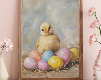Easter Chick Wall Art Printable, Vintage Spring Farmhouse Decor, Pastel Nursery Art Print, Cottagecore Easter Eggs Download