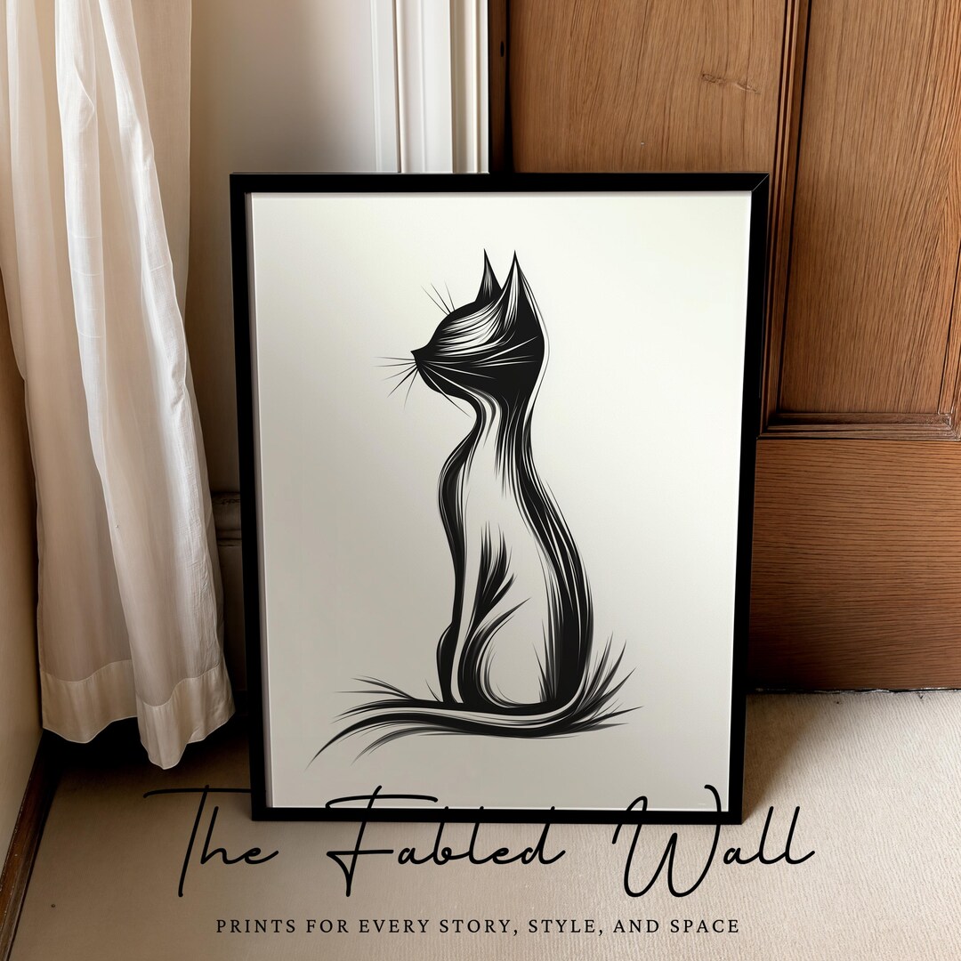 Minimalist Cat Line Art Printable Wall Art, Elegant Black Cat Outline ...