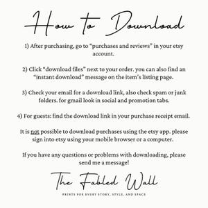 Pu&ograve; includere: Grafica color crema con il titolo "How to Download" in elegante scrittura. Le istruzioni spiegano come accedere agli acquisti digitali su Etsy, inclusa la verifica della posta elettronica e l'utilizzo di un browser. Il logo The Fabled Wall &egrave; in basso.