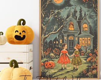 May include: A framed print of a spooky house with two girls holding hands, pumpkins, and plush pumpkin decorations. The text "The Fabled Wall" is at the bottom, with "PRINTS FOR EVERY STORY, STYLE, AND SPACE" below it.