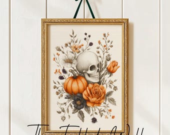 Impresión de calavera floral: Arte mural botánico gótico (descarga digital)