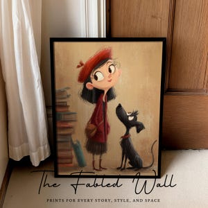 May include: Framed art print featuring a cartoon illustration of a girl in a red beret and coat looking up at a black dog. A stack of books is to the left. The text "The Fabled Wall" and "PRINTS FOR EVERY STORY, STYLE, AND SPACE" are at the bottom.