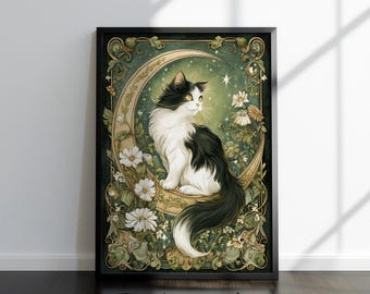 Lámina Art Nouveau de Gato Lunar: Hierba gatera celestial, decoración bohemia (Descarga digital)