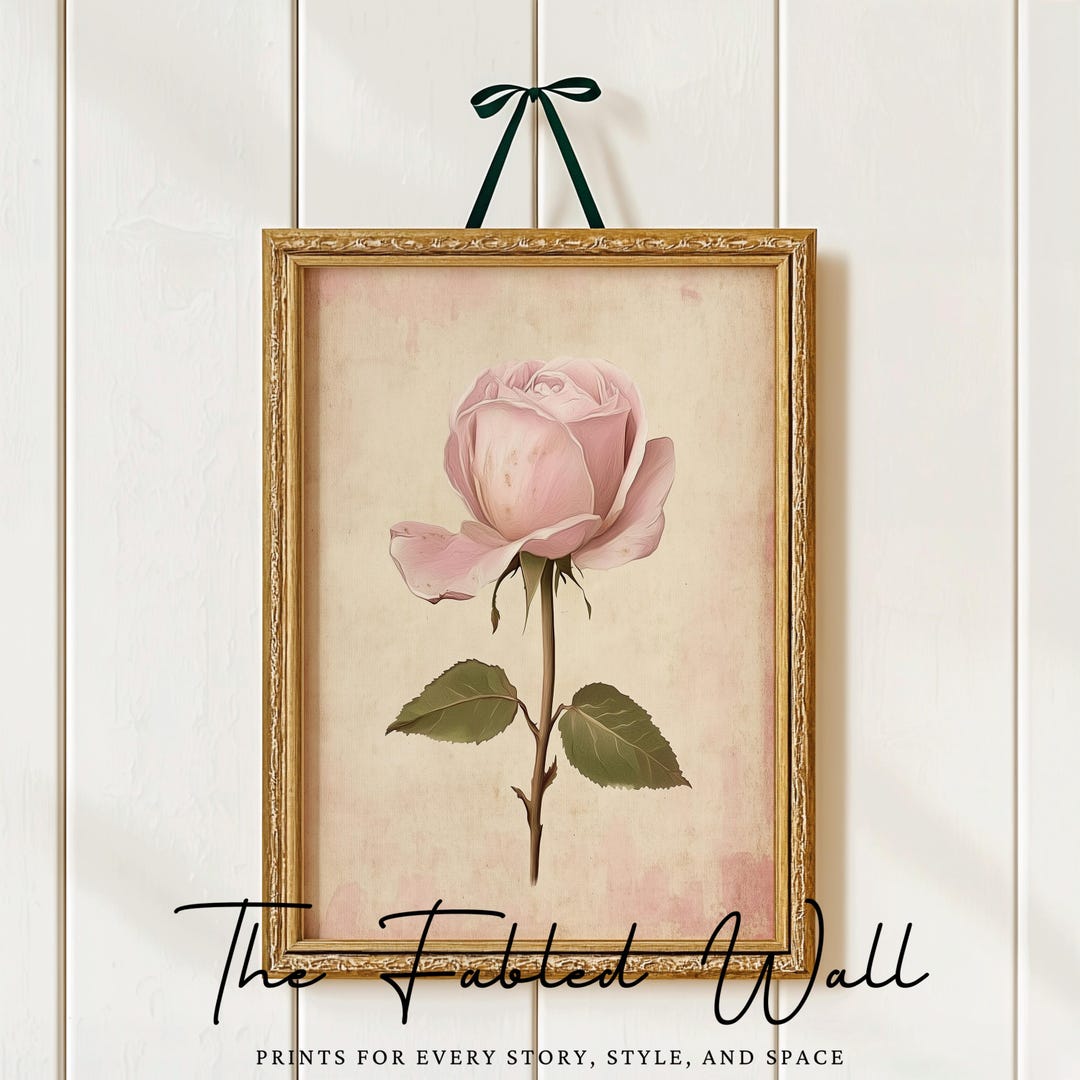 Single Rose Print, Vintage Botanical Wall Art, Muted Pink Floral Decor ...
