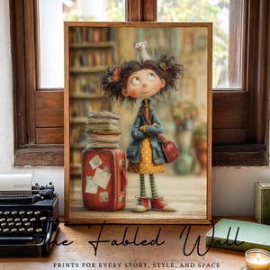 Op de afbeelding: Een ingelijste prent met een illustratie van een meisje met krullend haar, een muis op haar hoofd en een rode koffer. Het meisje draagt een gele jurk en een blauwe jas. De prent staat tegen een vage bibliotheekachtergrond. De tekst "The Fabled Wall" staat onderaan.