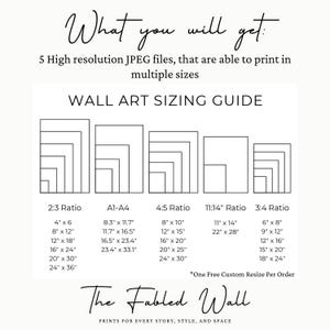 Pu&ograve; includere: Grafica bianca con testo che descrive le opzioni di dimensionamento dell'arte murale. La guida include rapporti come 2:3, A1-A4, 4:5, 11x14 e 3:4, con le corrispondenti misure in pollici. Il testo menziona anche file JPEG ad alta risoluzione e il marchio "The Fabled Wall."