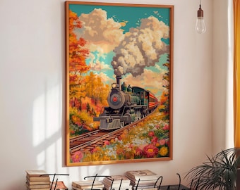 Vintage Steam Train Wall Art Digital Print, Colorful Autumn Landscape Railway Illustration, Retro Travel Poster Printable