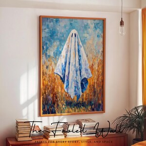 Impresión de pinceladas embrujadas: Fantasma melancólico en un campo de trigo abstracto (descarga digital)