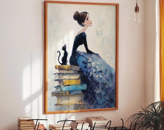 Decorazione murale per amanti della letteratura e dei libri, elegante stampa per angolo lettura, arredamento accogliente per la stanza dei lettori, stampa di una donna che legge, sofisticata decorazione murale per biblioteca