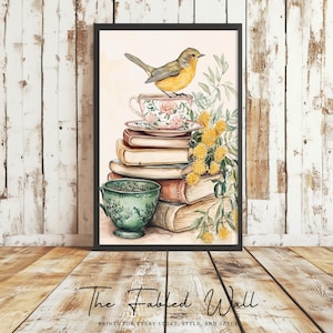 Watercolor-style digital artwork of a robin bird on a floral teacup stacked on vintage books with a green teacup and yellow wildflowers, evoking a nostalgic, storybook charm ideal for libraries, tea corners, and literary-inspired spaces.