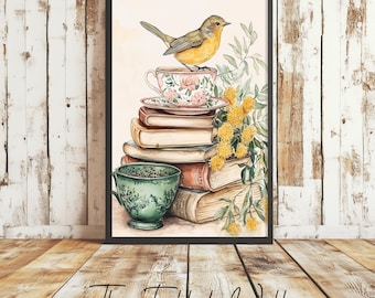 Bücherstapel Tee Wandkunst, gemütliche Leseecke zum ausdrucken, Vintage Buchliebhaber Dekor, Blumenbibliothek Kunst, Lesergeschenk Druck