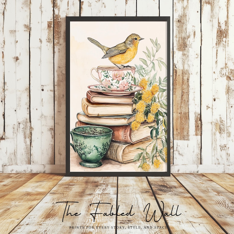 Watercolor-style digital artwork of a robin bird on a floral teacup stacked on vintage books with a green teacup and yellow wildflowers, evoking a nostalgic, storybook charm ideal for libraries, tea corners, and literary-inspired spaces.