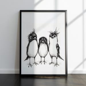 Arte de parede com pássaros para imprimir, ilustração de pássaros encantadora para download, arte linear de animais peculiares, decoração minimalista com elementos da natureza, o trio peculiar.