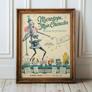 May include: A framed poster featuring a cartoon microscope character singing with a microphone. The text reads Microscope, Main Character, Mira Scope Hits the High Notes, and A lab report with dramatic flair. Various lab equipment characters play musical instruments below.
