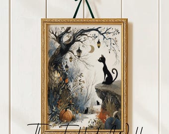 Può includere: Una stampa artistica incorniciata con un gatto nero appollaiato su una scogliera, che domina una scena di foresta spettrale con un grande albero, lanterne e una luna crescente. La stampa è in una cornice dorata ed è sospesa da un nastro verde. Il testo "The Fabled Wall" è in basso.
