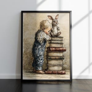 May include: A framed wall art print featuring a sketch-style illustration of a young child in blue denim overalls leaning against a tall stack of seven books, with a small rabbit sitting on top of the stack, rendered in muted brown and blue tones.