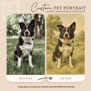 Könnte beinhalten: Vorher-Nachher-Bild eines schwarz-weißen Hundes. Das Vorher-Bild zeigt den Hund in einer natürlichen Umgebung. Das Nachher-Bild zeigt den Hund in einem stilisierten, Vintage-Illustrationsstil.