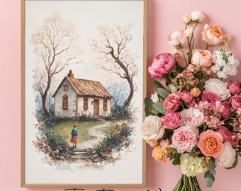 May include: A framed watercolor print of a quaint cottage with a winding path, set between two bare trees. A bouquet of pink, peach, and white flowers sits to the right. The text "The Fabled Wall" is at the bottom.