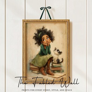 Schwarzes Mädchen lesen druckbare Wandkunst, Melanin Rich Bookish Illustration, gemütliche literarische Dekoration, wunderliche Leser Kunstwerk, digitaler Download