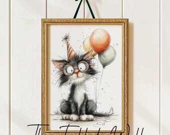 Whisker Fete Print: Playful Cat Party Illustration (Digital Download)