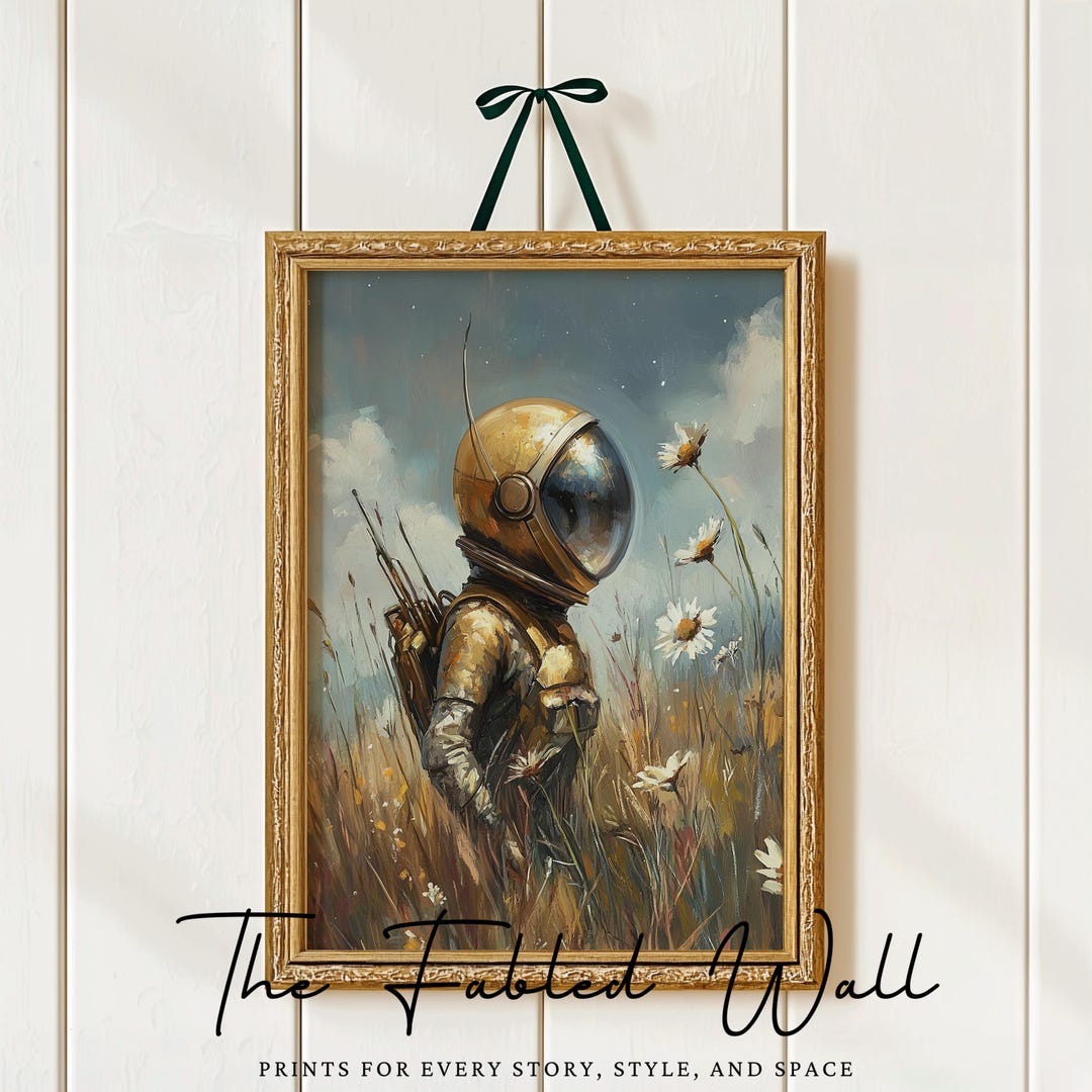 Astronaut Wall Art Printable, Space Meadow Illustration, Whimsical Sci ...