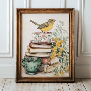 Vintage Book Stack Wall Art | Tea and Tales | Printable Wall Art | Floral Teacup Digital Download | Whimsical & Cozy | Reading Nook Decor