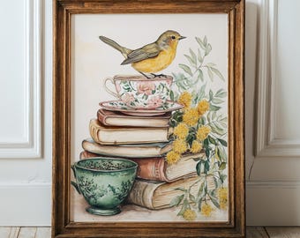 Vintage Bücher Stapel Wand Kunst | Tee und Märchen | Druckbare Wandkunst | Floral Teetasse digitaler Download | Skurril & gemütlich | Leseecke Dekor