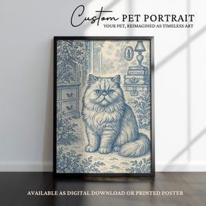 Könnte beinhalten: Eine blaue und weiße Vintage-Illustration einer Perserkatze, die in einem Raum mit einem Bücherregal und einem Nachttisch sitzt. Der Text "ANIMAUX" ist auf dem Bücherregal sichtbar.