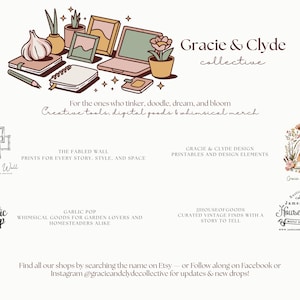 Pu&ograve; includere: Illustrazione di strumenti creativi e merci stravaganti, tra cui un laptop, quaderni e opere d'arte. Il testo "Gracie & Clyde collective" &egrave; presente, cos&igrave; come la promozione dei negozi Etsy. Trovateli su Facebook o Instagram.