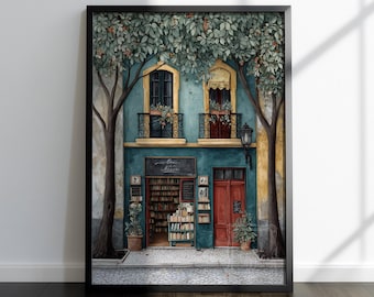 Può includere: Una stampa artistica incorniciata che raffigura un edificio color verde acqua con una libreria al piano terra, dotata di una porta rossa, due balconi superiori con ringhiere nere e grandi alberi che incorniciano la scena.