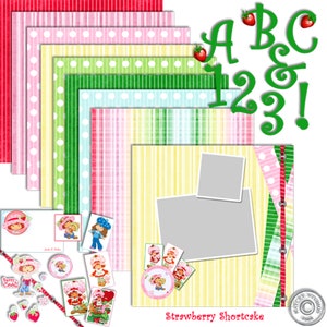 Può includere: Un kit di scrapbooking digitale a tema torta di fragole. Il kit include una varietà di carte con motivi, cornici e decorazioni. Le carte presentano una varietà di colori e motivi, tra cui rosso, rosa, verde e giallo. Le cornici sono bianche e hanno un design semplice. Le decorazioni includono fragole, fiori e altri simpatici disegni. Il kit include anche il testo "ABC & 123!" e "Strawberry Shortcake".