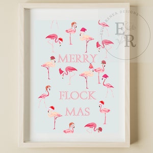 Merry Flockmas Wall Art, Holiday Flamingos, Pink Christmas Decor, Coastal Christmas Wall Art, Digital Download, Flamingos in Santa Hats