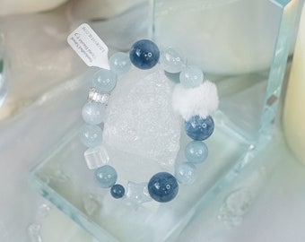 Natural White Azeztulite Aquamarine Bracelet with Plush Ball | Large Beads Bracelet | Beaded Bracelet | Minimalist Dainty Gemstone Bracelet