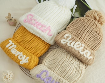 Gorro de bebé personalizado: nombre bordado, gorro de punto con pompón