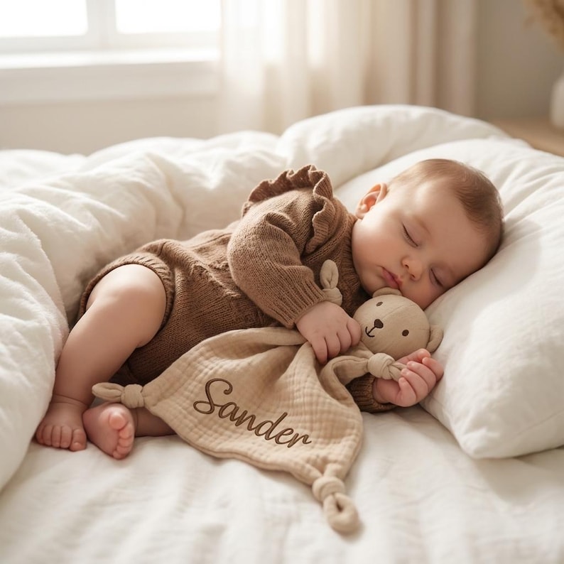 May include: A sleeping baby wearing a brown knit romper, resting on a white pillow and blanket. The baby is clutching a beige teddy bear and a matching security blanket with the name "Sander" embroidered on it.