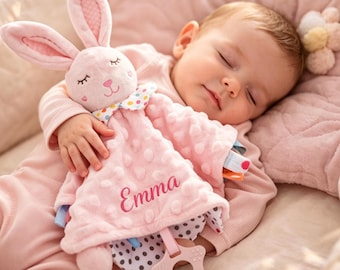 Personalized Minky Dot Lovey Blanket, Embroidered Name, Crinkle Sensory Security Toy