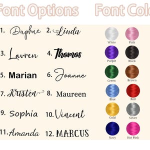 May include: Image displaying font options and font colors. The text includes names like Daphne, Linda, and Thomas, along with color swatches for white, pink, purple, black, green, brown, blue, red, gold, silver, navy, and hot pink.