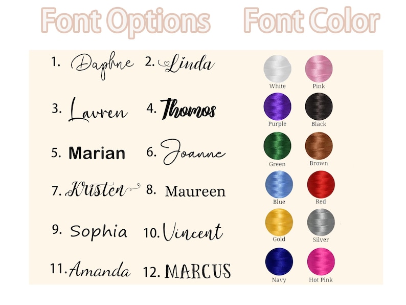 May include: Image displaying font options and font colors. The text includes names like Daphne, Linda, and Thomas, along with color swatches for white, pink, purple, black, green, brown, blue, red, gold, silver, navy, and hot pink.
