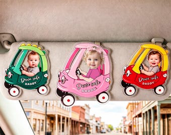 Clip personalizado para la visera del coche con foto infantil: recuerdo personalizado de "Conduce con cuidado, papá"