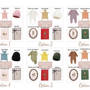 May include: A product display featuring baby clothing sets. Each set includes a zip romper, a hat, a plush toy, a custom wooden sign, a greeting card, and a gift box. Color options include pink, white, peach, black, green, and brown.