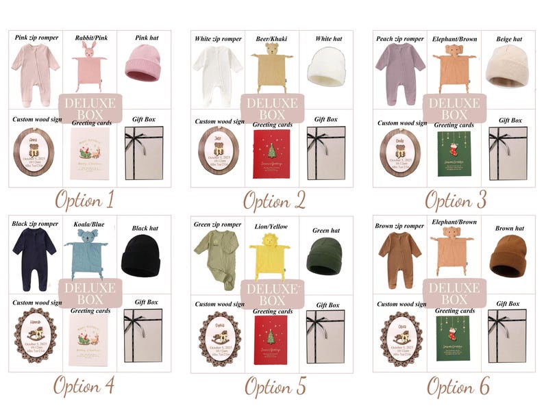 May include: A product display featuring baby clothing sets. Each set includes a zip romper, a hat, a plush toy, a custom wooden sign, a greeting card, and a gift box. Color options include pink, white, peach, black, green, and brown.