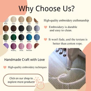 May include: An image with the text "Why Choose Us?" and a color palette of embroidery thread. The image highlights high-quality embroidery craftsmanship, durability, and fade resistance. It also features the text "Handmade Craft with Love."
