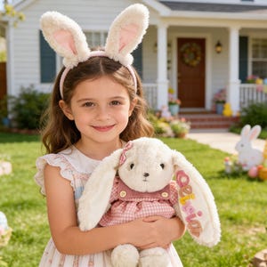 May include: A young girl wearing a pink bunny ear headband smiles while holding a plush bunny. The plush bunny has long ears, a pink gingham dress, and the name "Olivia" embroidered on one ear. Easter decorations are visible in the background.