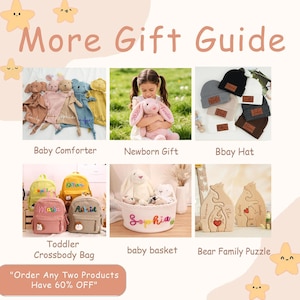 May include: A gift guide featuring baby items. Includes baby comforters, a newborn gift, beanies, toddler crossbody bags, a baby basket, and a bear family puzzle. Text reads "More Gift Guide" and "Order Any Two Products Have 60% OFF."