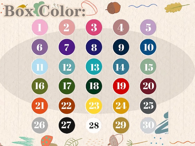 Puede incluir: Una carta de colores con 30 colores diferentes, numerados del 1 al 30. Los colores est&aacute;n dispuestos en una cuadr&iacute;cula de cinco columnas y seis filas. Los colores incluyen rosa, morado, azul, verde, rojo, naranja, amarillo, negro, blanco y gris.