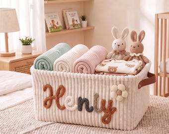 Gepersonaliseerde geweven bewaarmand voor baby's, opbergmand met naam voor de babykamer, kraamcadeau